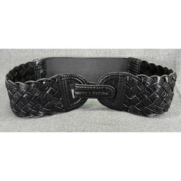 Vintage 1990s Black Woven Leather 3" Wide Elastic Belt - Picture 2 of 13
